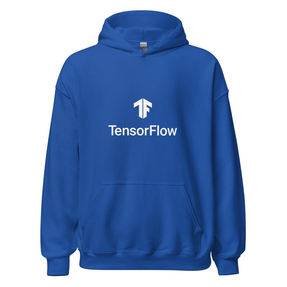 Product mockup photo of the TensorFlow 2 White Stacked Logo Hoodie (unisex) Royal / M.
