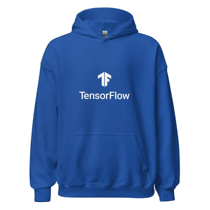 Product mockup photo of the TensorFlow 2 White Stacked Logo Hoodie (unisex) Royal / M.