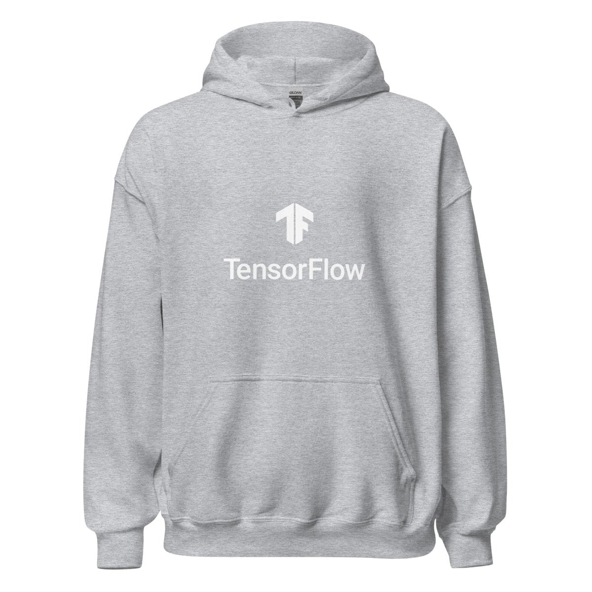 Product mockup photo of the TensorFlow 2 White Stacked Logo Hoodie (unisex) Sport Grey / M.
