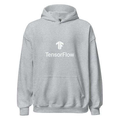 Product mockup photo of the TensorFlow 2 White Stacked Logo Hoodie (unisex) Sport Grey / M.