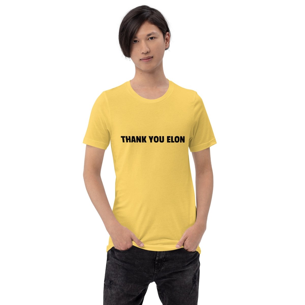 Product mockup photo of the THANK YOU ELON T Shirt (unisex).