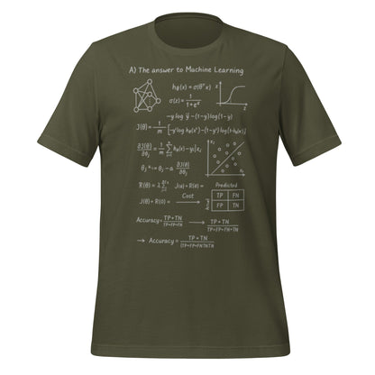 Product mockup photo of the The Answer to Machine Learning T Shirt (unisex) Military Green / M.