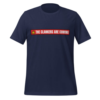 Product mockup photo of the The Clankers are Coming Warning T Shirt (unisex) Navy / M.