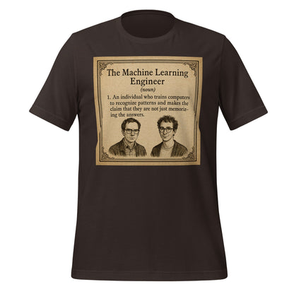 Product mockup photo of the The ML Engineer T Shirt 1 (unisex) Brown / M.