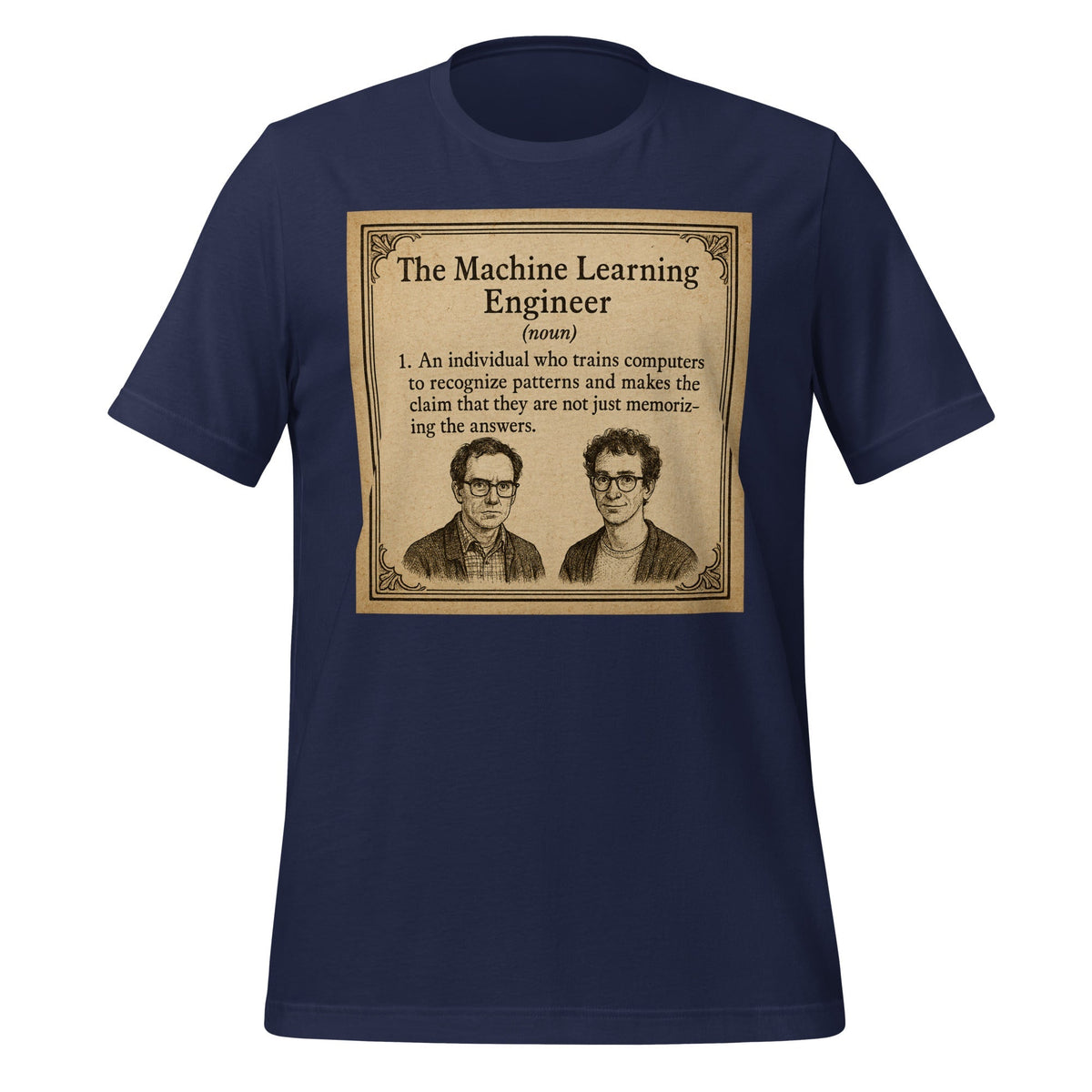 Product mockup photo of the The ML Engineer T Shirt 1 (unisex) Navy / M.
