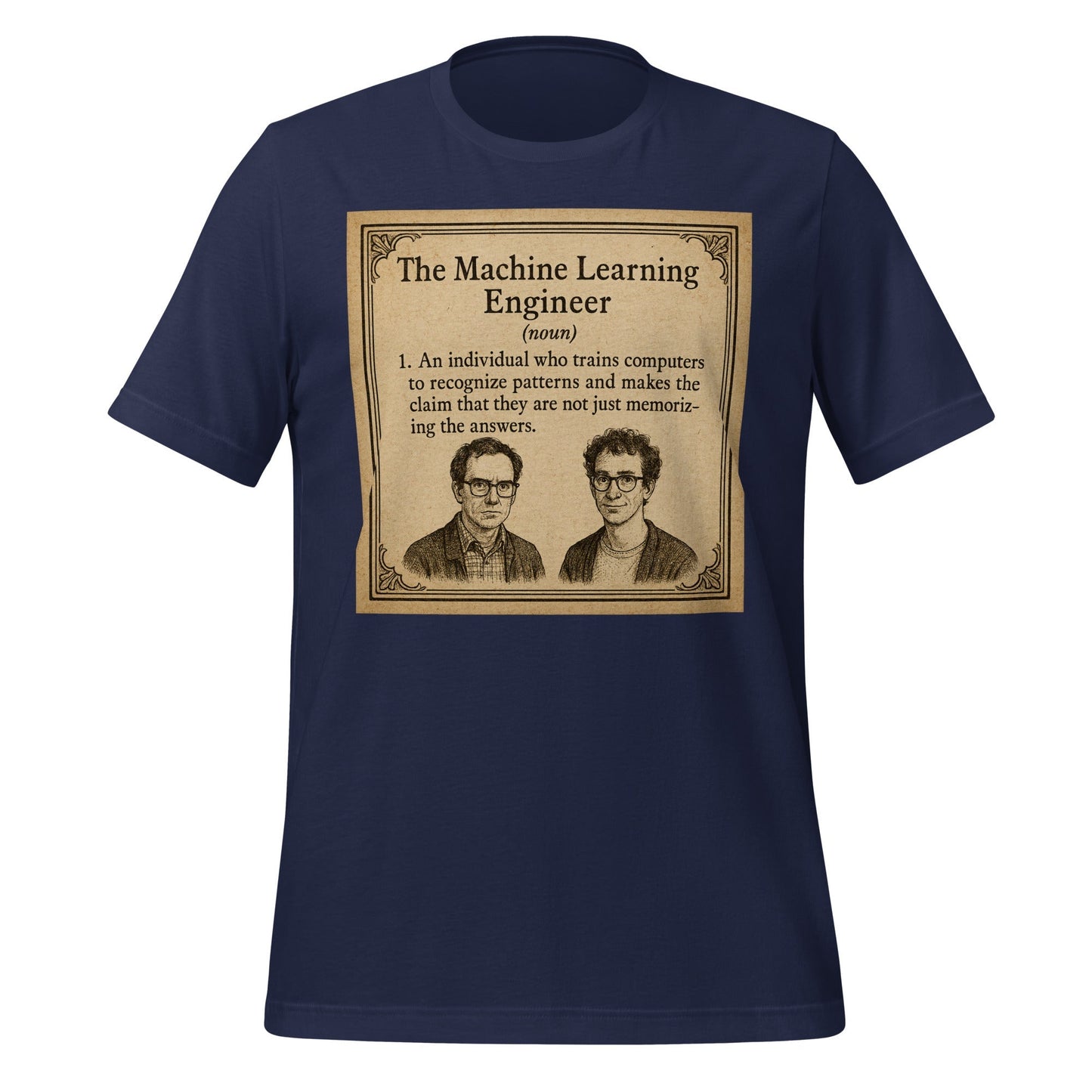Product mockup photo of the The ML Engineer T Shirt 1 (unisex) Navy / M.