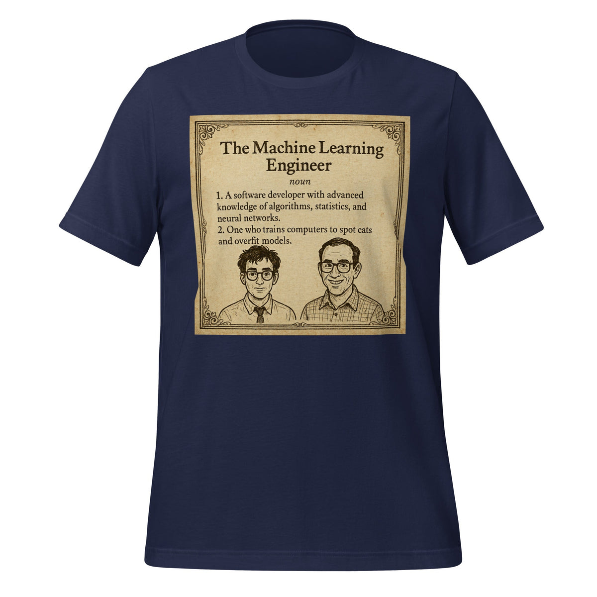 Product mockup photo of the The ML Engineer T Shirt 2 (unisex) Navy / M.