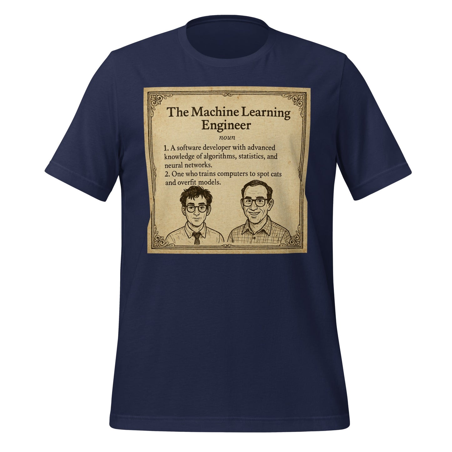 Product mockup photo of the The ML Engineer T Shirt 2 (unisex) Navy / M.
