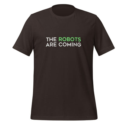 Product mockup photo of the The Robots Are Coming (Green) T Shirt 1 (unisex) Brown / M.