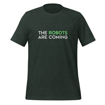 Product mockup photo of the The Robots Are Coming (Green) T Shirt 1 (unisex) Heather Forest / M.