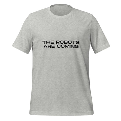 Product mockup photo of the The Robots Are Coming in Black T Shirt 3 (unisex) Athletic Heather / M.
