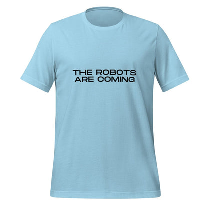 Product mockup photo of the The Robots Are Coming in Black T Shirt 3 (unisex) Ocean Blue / M.