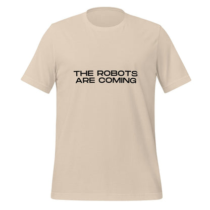 Product mockup photo of the The Robots Are Coming in Black T Shirt 3 (unisex) Soft Cream / M.
