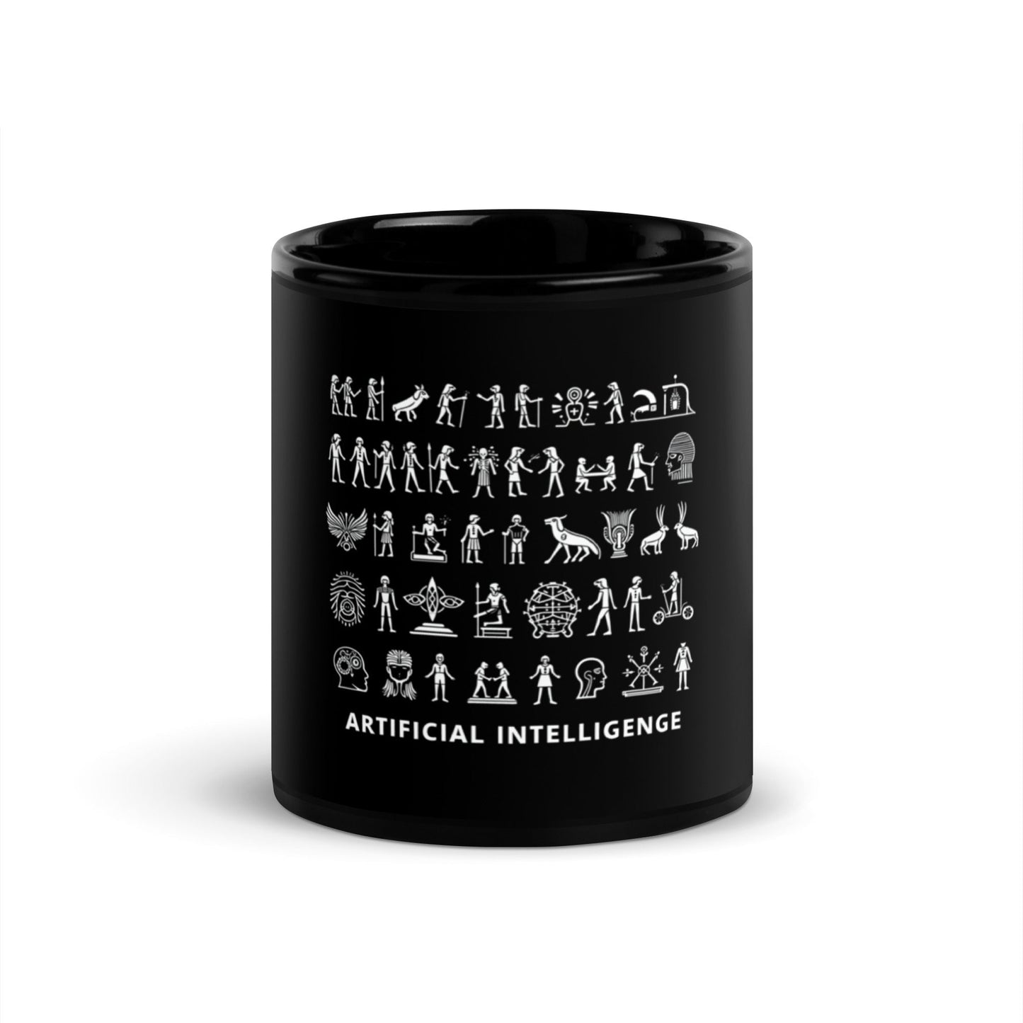 Image of the The Story of AI in Hieroglyphs Black Glossy Mug 11 oz.
