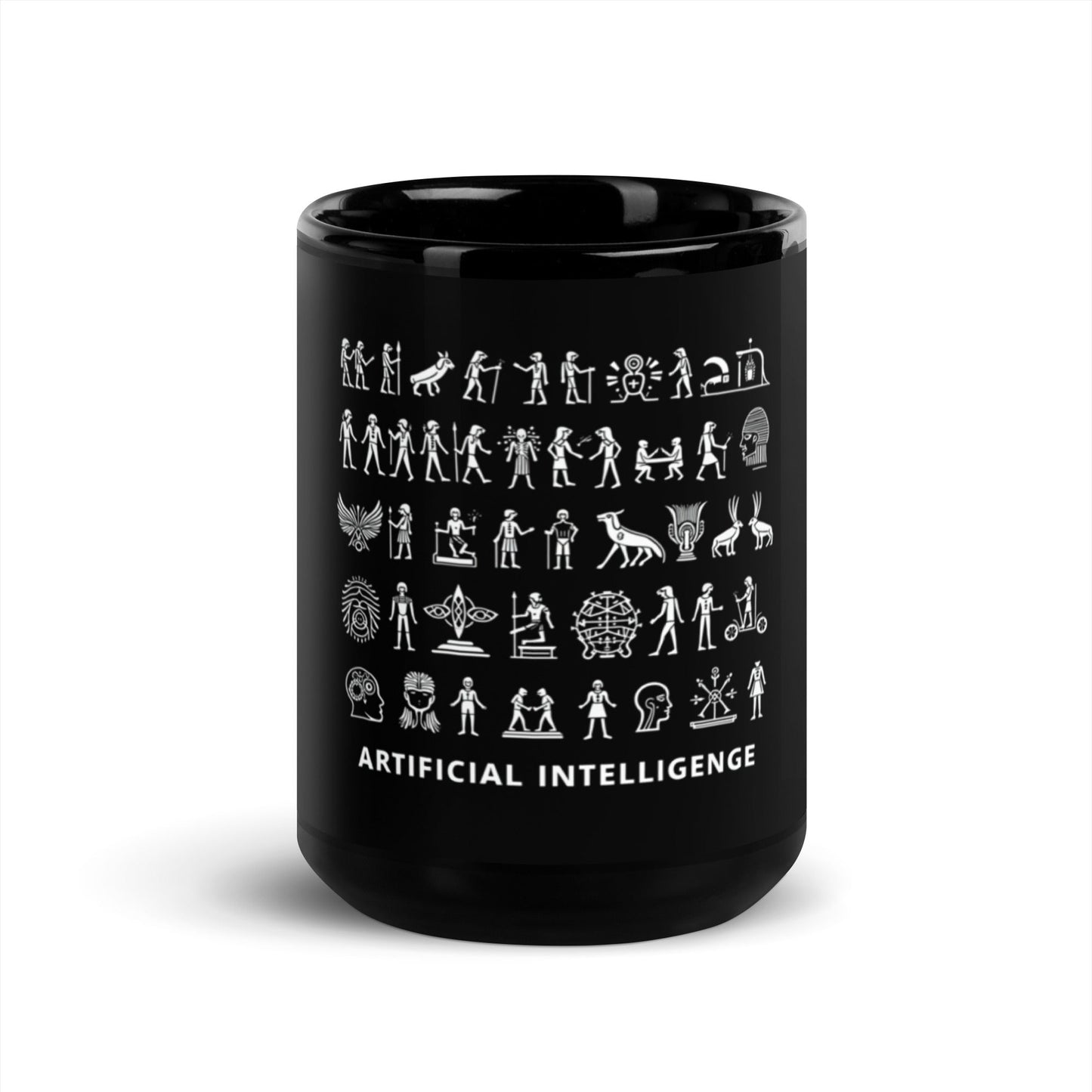 Image of the The Story of AI in Hieroglyphs Black Glossy Mug 15 oz.