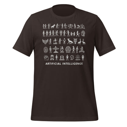 Product mockup photo of the The Story of AI in Hieroglyphs T Shirt (unisex) Brown / M.