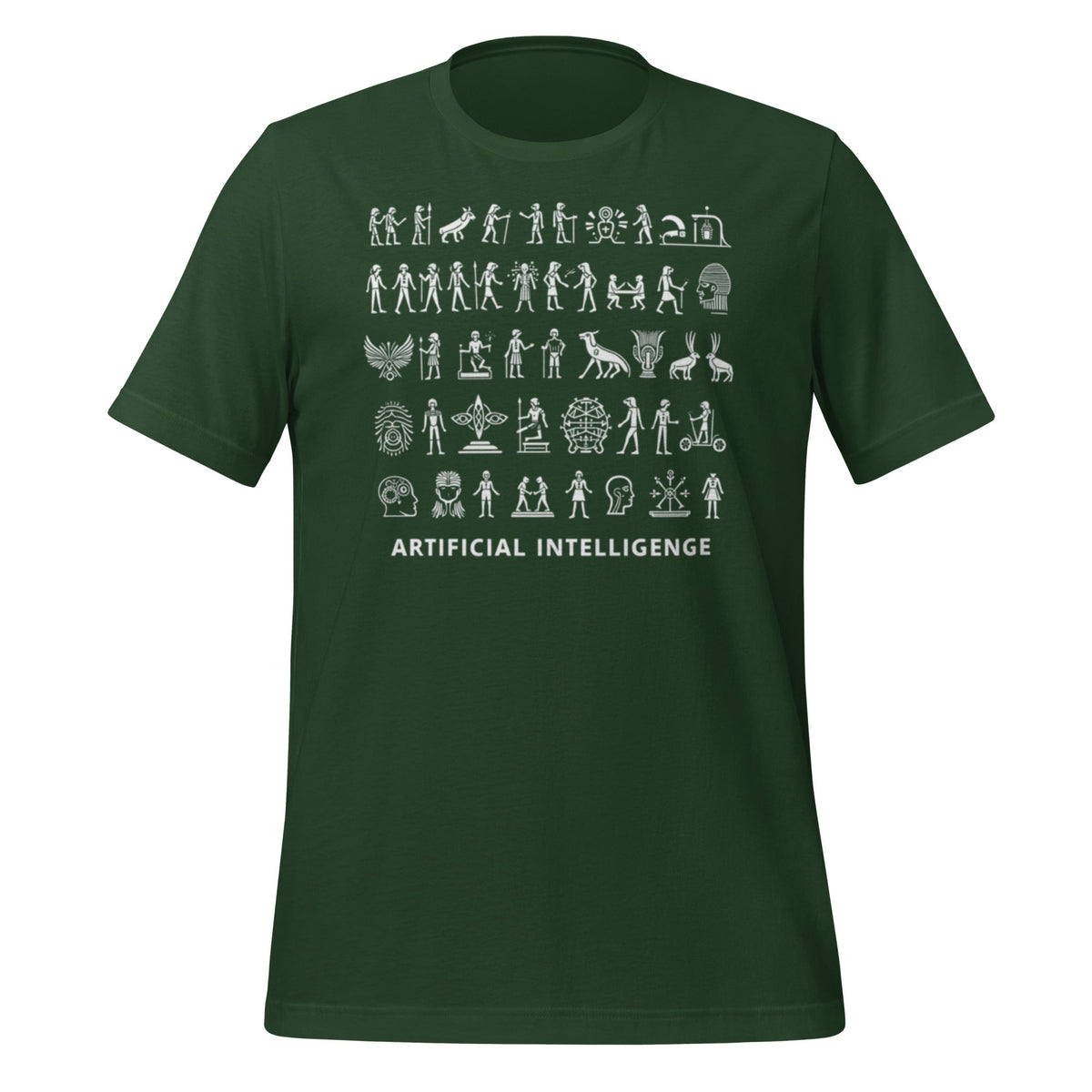Product mockup photo of the The Story of AI in Hieroglyphs T Shirt (unisex) Forest / M.