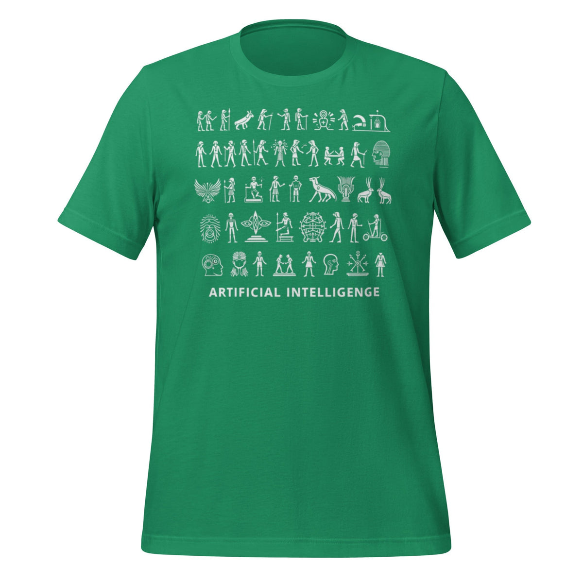 Product mockup photo of the The Story of AI in Hieroglyphs T Shirt (unisex) Kelly / M.