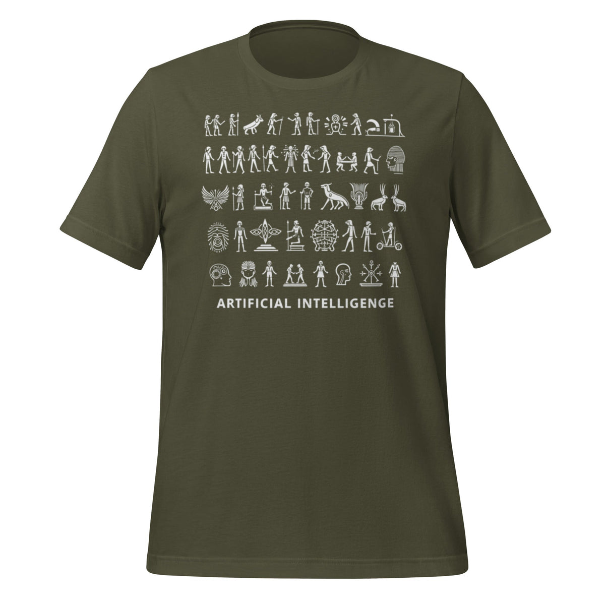 Product mockup photo of the The Story of AI in Hieroglyphs T Shirt (unisex) Military Green / M.