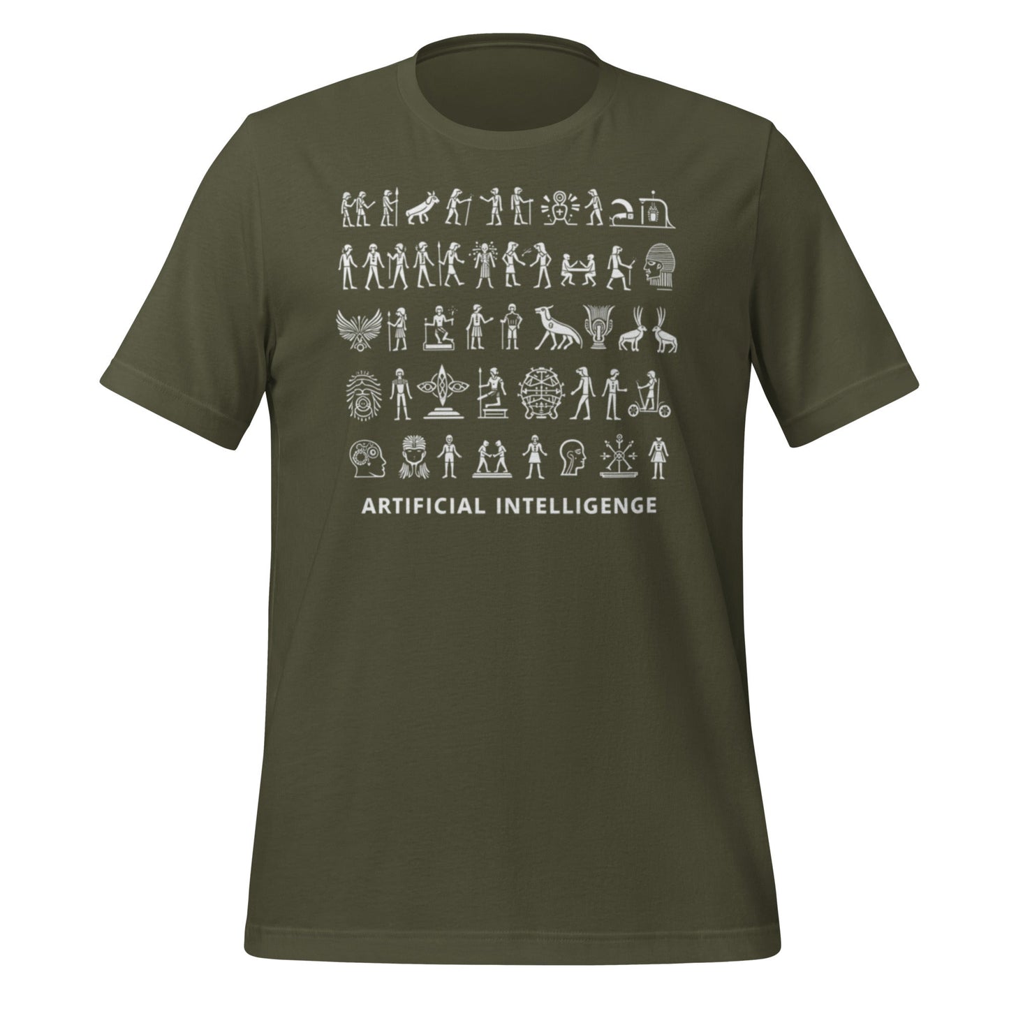 Product mockup photo of the The Story of AI in Hieroglyphs T Shirt (unisex) Military Green / M.