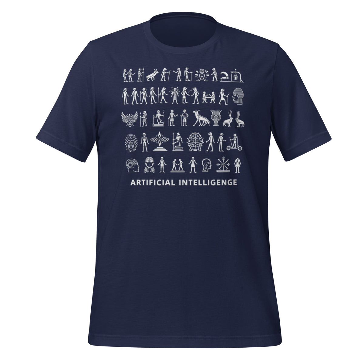 Product mockup photo of the The Story of AI in Hieroglyphs T Shirt (unisex) Navy / M.