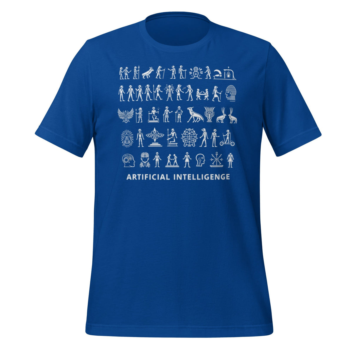 Product mockup photo of the The Story of AI in Hieroglyphs T Shirt (unisex) True Royal / M.