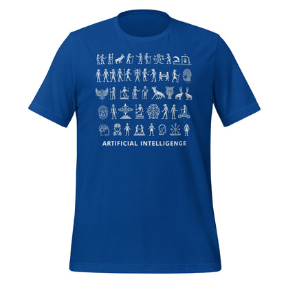 Product mockup photo of the The Story of AI in Hieroglyphs T Shirt (unisex) True Royal / M.