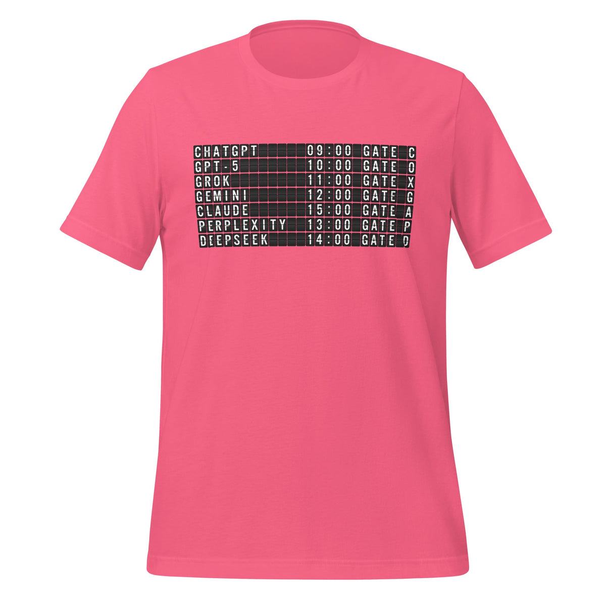 Image of the Today’s AI Departures T-Shirt (unisex) Charity Pink / M.