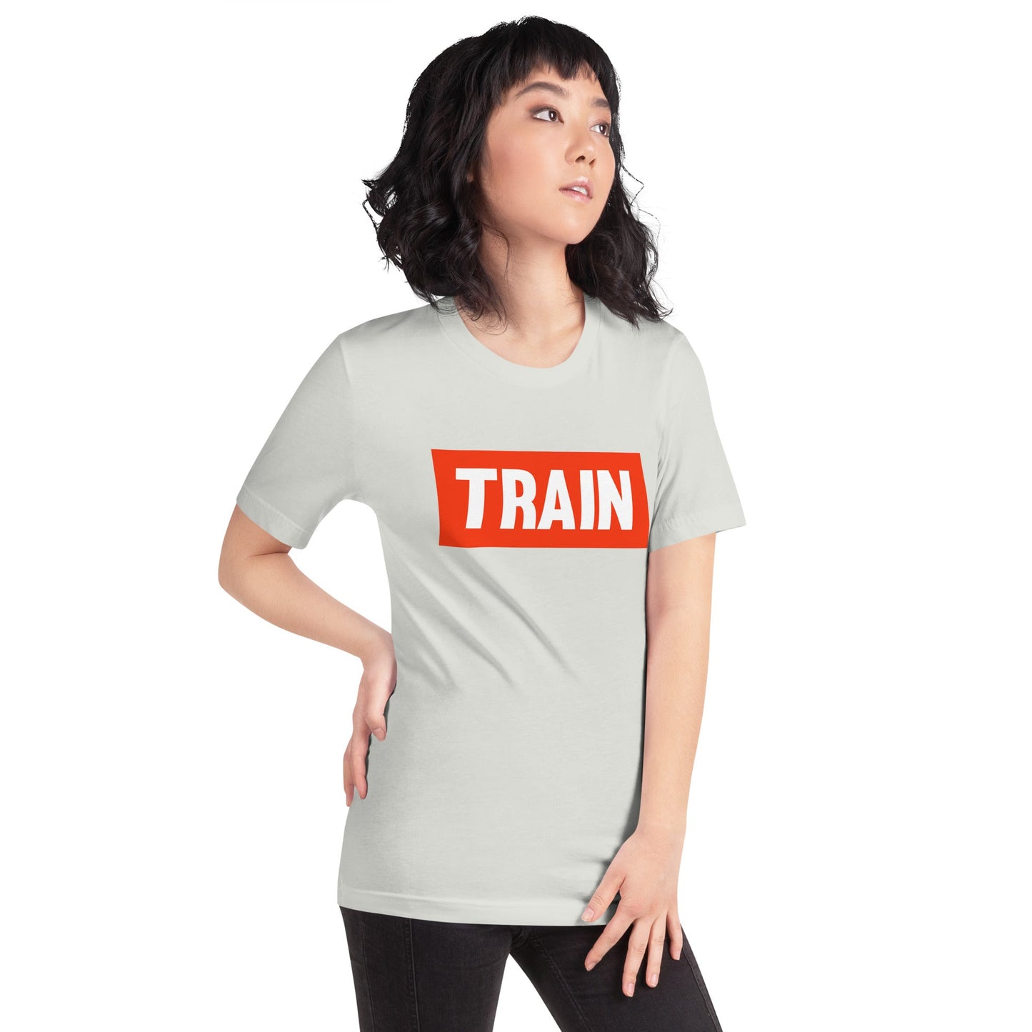 Product mockup photo of the TRAIN T Shirt (unisex).