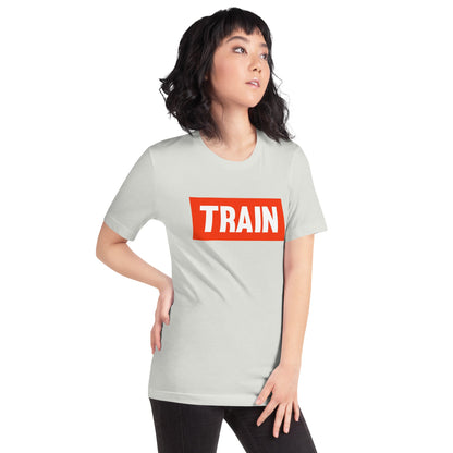 Product mockup photo of the TRAIN T Shirt (unisex).