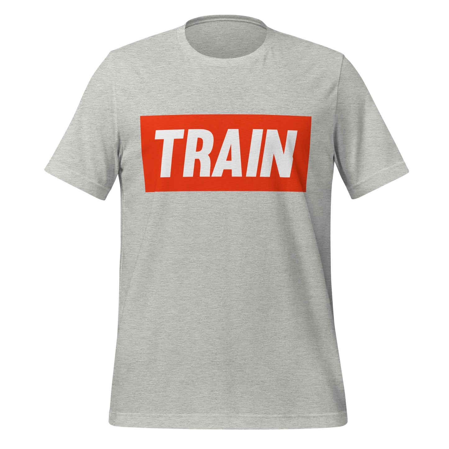 Product mockup photo of the TRAIN T Shirt (unisex) Athletic Heather / M.