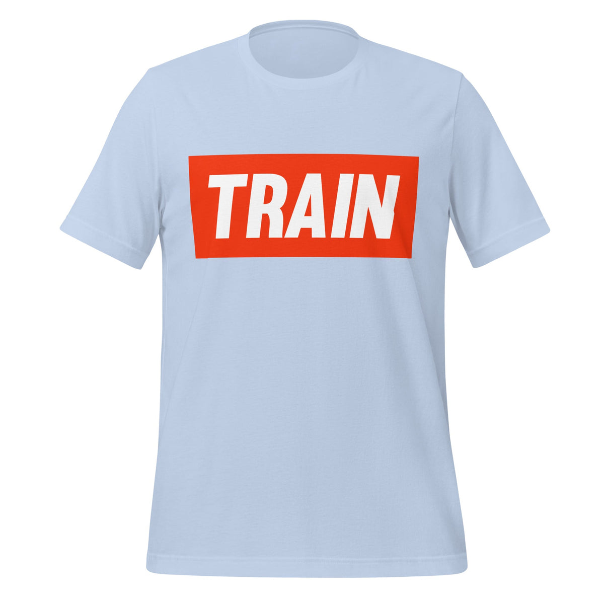 Product mockup photo of the TRAIN T Shirt (unisex) Baby Blue / M.