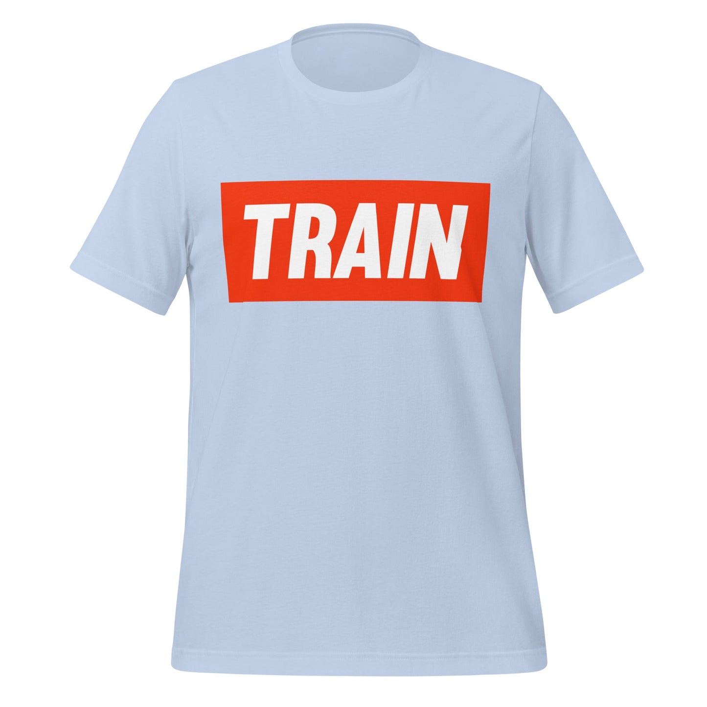 Product mockup photo of the TRAIN T Shirt (unisex) Baby Blue / M.