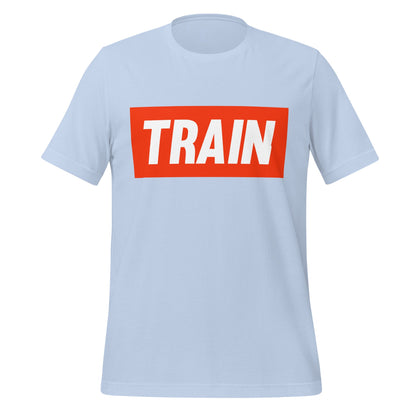 Product mockup photo of the TRAIN T Shirt (unisex) Baby Blue / M.