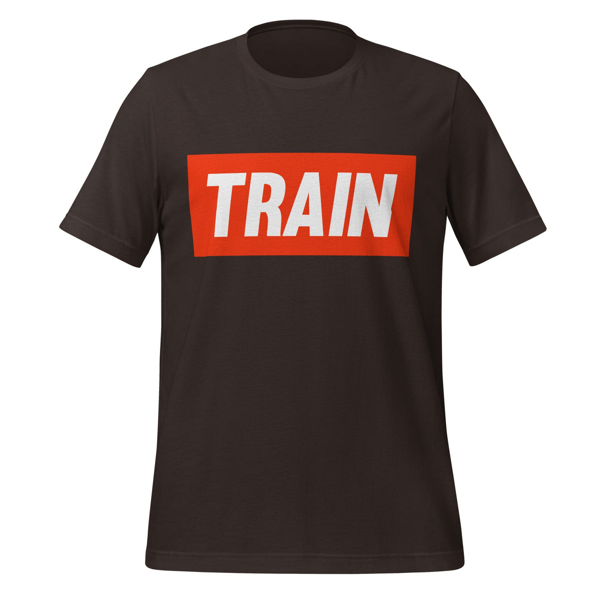 Product mockup photo of the TRAIN T Shirt (unisex) Brown / M.