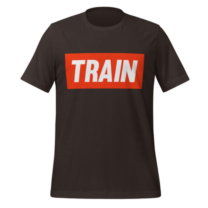 Product mockup photo of the TRAIN T Shirt (unisex) Brown / M.