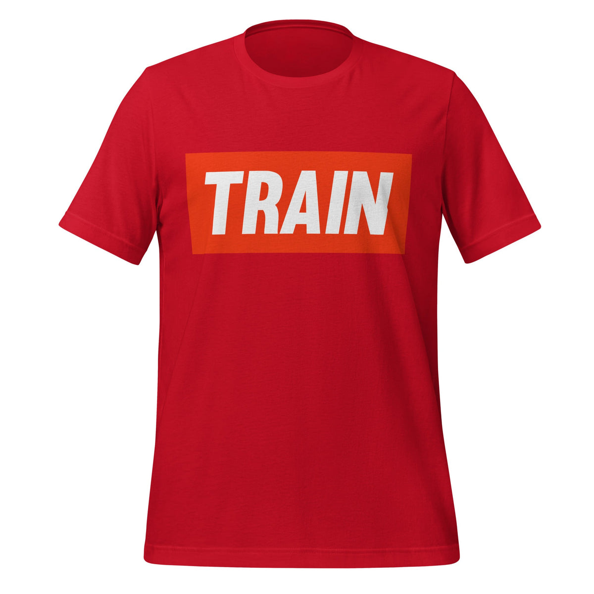 Product mockup photo of the TRAIN T Shirt (unisex) Red / M.