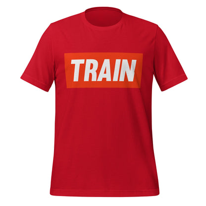 Product mockup photo of the TRAIN T Shirt (unisex) Red / M.