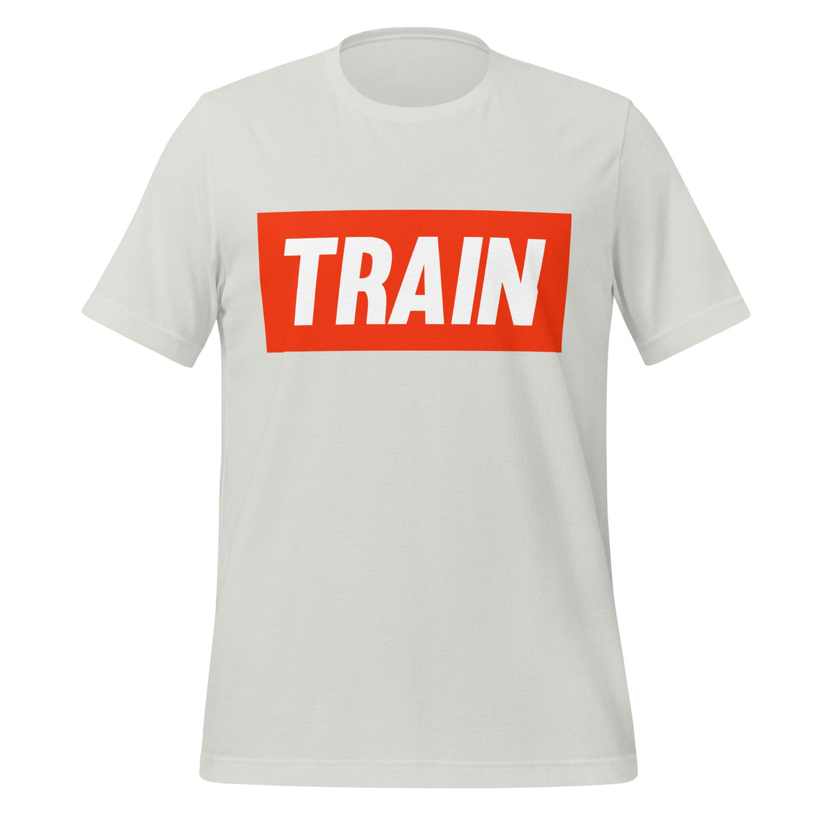 Product mockup photo of the TRAIN T Shirt (unisex) Silver / M.