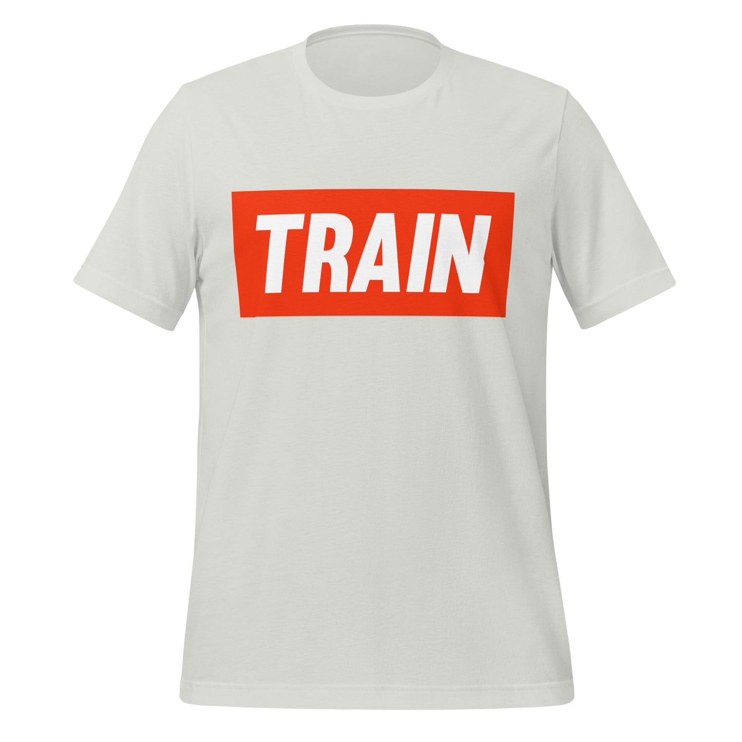 Product mockup photo of the TRAIN T Shirt (unisex) Silver / M.