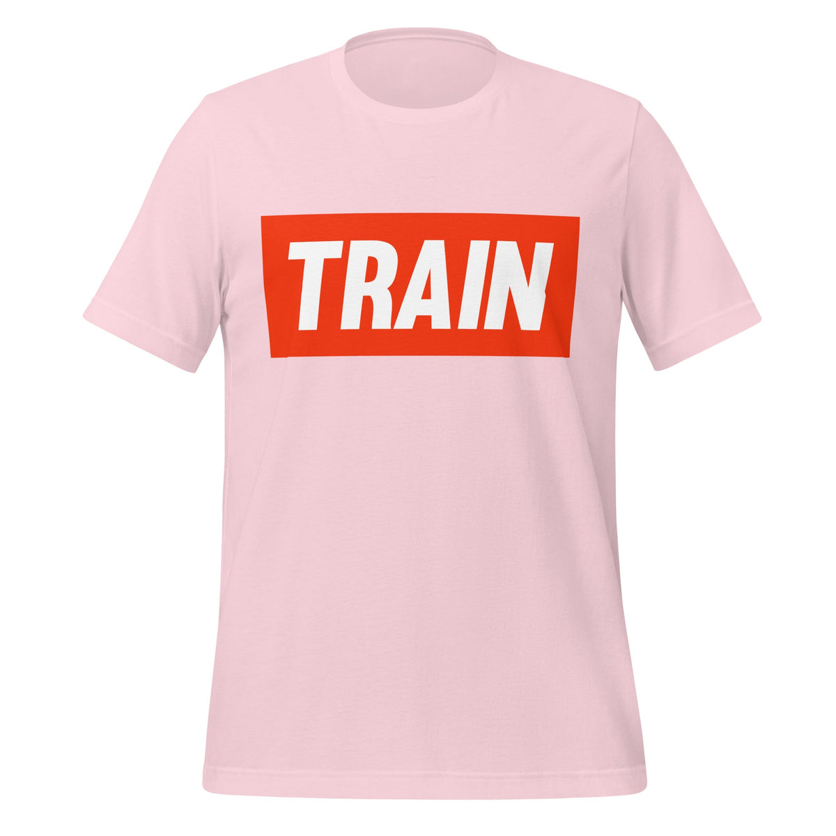 Product mockup photo of the TRAIN T Shirt (unisex) Soft Pink / M.