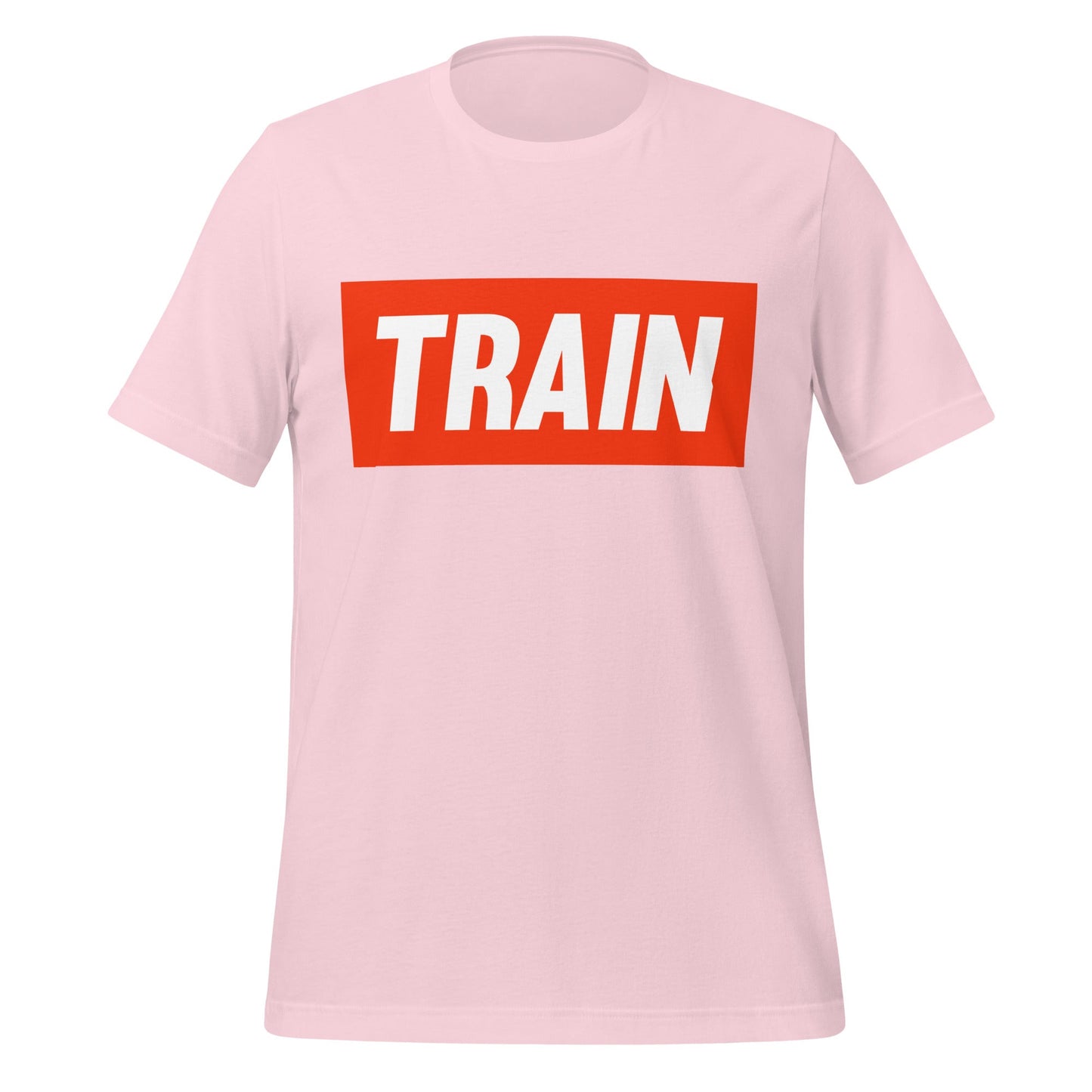 Product mockup photo of the TRAIN T Shirt (unisex) Soft Pink / M.