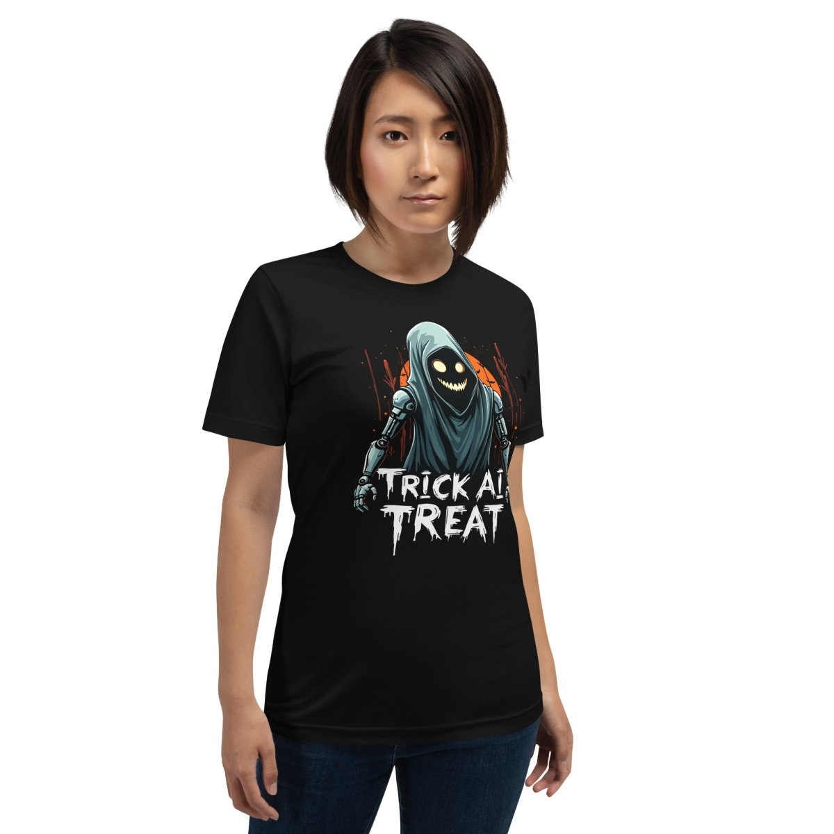 Product mockup photo of the Trick AI Treat Ghost Robot T Shirt 2 (unisex) 🎃.