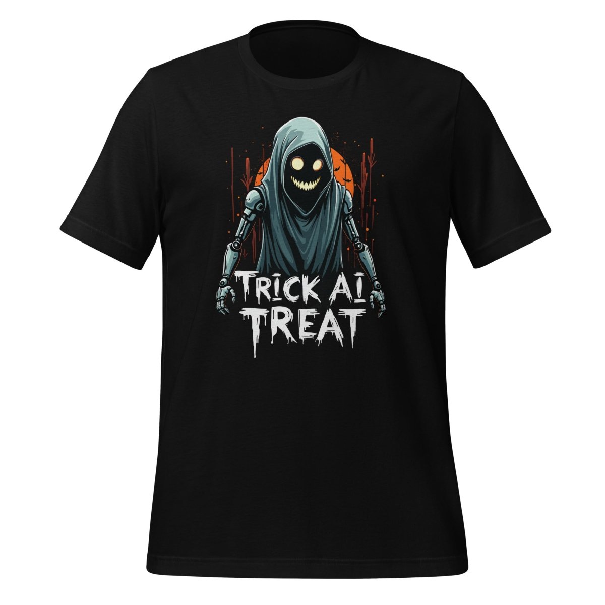 Product mockup photo of the Trick AI Treat Ghost Robot T Shirt 2 (unisex) 🎃 Black / M.