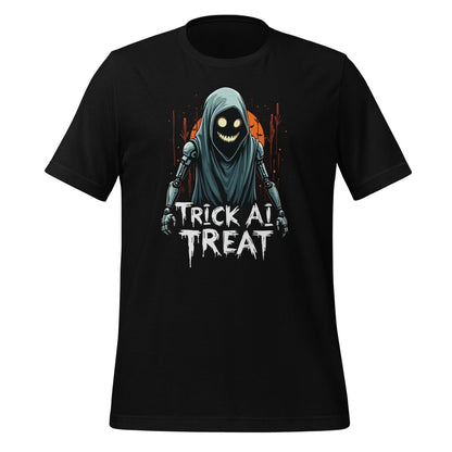 Product mockup photo of the Trick AI Treat Ghost Robot T Shirt 2 (unisex) 🎃 Black / M.