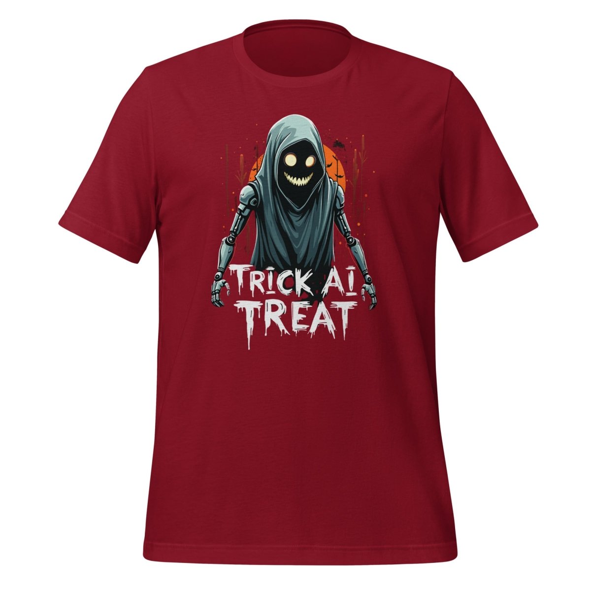 Product mockup photo of the Trick AI Treat Ghost Robot T Shirt 2 (unisex) 🎃 Cardinal / M.