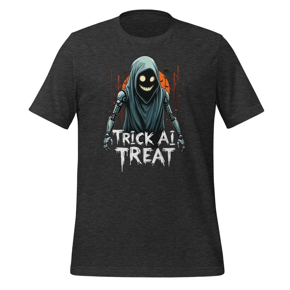 Product mockup photo of the Trick AI Treat Ghost Robot T Shirt 2 (unisex) 🎃 Dark Grey Heather / M.