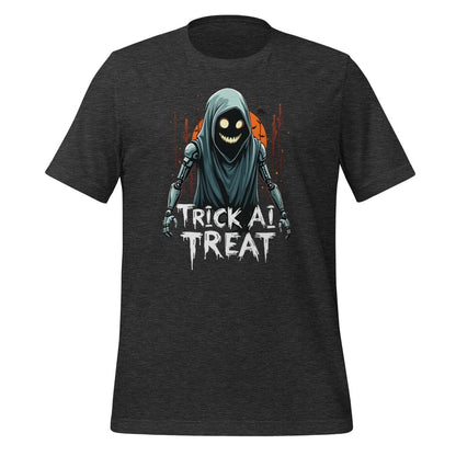 Product mockup photo of the Trick AI Treat Ghost Robot T Shirt 2 (unisex) 🎃 Dark Grey Heather / M.