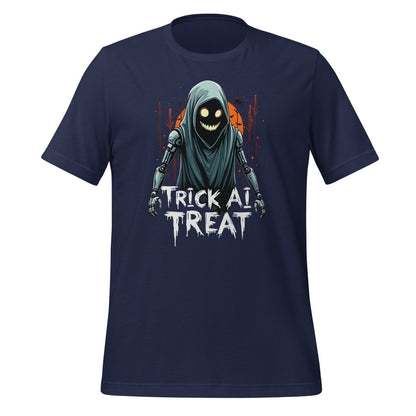Product mockup photo of the Trick AI Treat Ghost Robot T Shirt 2 (unisex) 🎃 Navy / M.