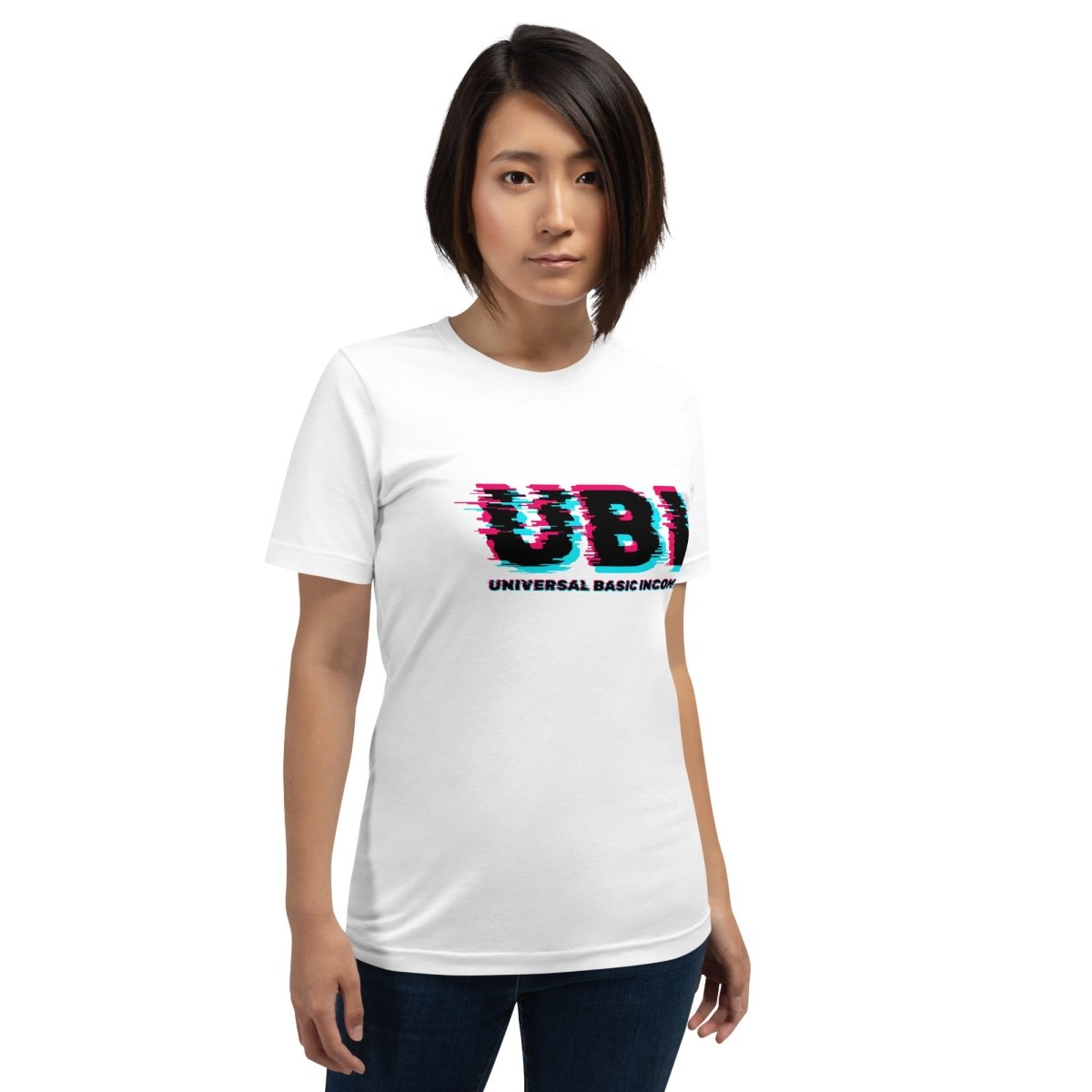 Product mockup photo of the UBI UNIVERSAL BASIC INCOME Glitch T Shirt (unisex).